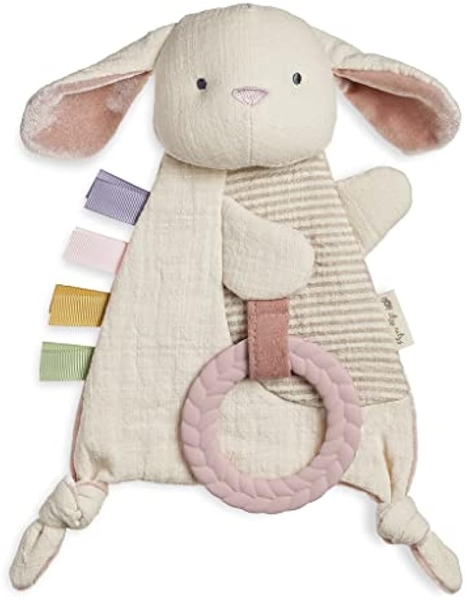 Itzy Ritzy - Bitzy Crinkle Sensory Toy with Teether; Features Ribbons, Crinkle Sound & Soft, Braided Teething Ring; Bunny