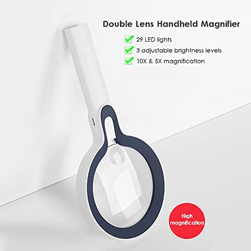 Daerzy Lupa de lente dupla 10X e 5X Lupa portátil Lente de lupa de grande diâmetro 3 níveis de brilh