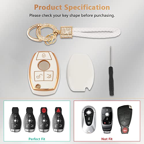 PIFOOG for Mercedes Key Fob Cover TPU Key Case Soft Car Keys Protector Fit Mercedes Benz AMG C E M S CLS CLA GLK GLA GLC GLE Smart Remote Key Keychain Girly Women White Gold - Image 3