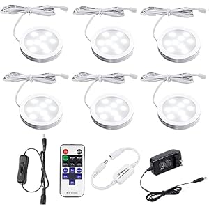 AIBOO LED Under Cabinet Lighting Dimmable with RF Remote Control, 6 LED Puck Lights, Total of 12W, for Kitchen Count Closet Wardrobe Lighting(Daylight White)
