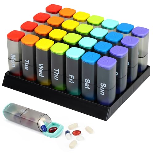 Fineway Monthly Pill Organiser - 28-Day Pillbox Medicine Organizer with AM & PM Compartment - 4 Weeks Colour Coded Medication Organizer with Case - Pill Box Organizer for Travel (Transparent Black)