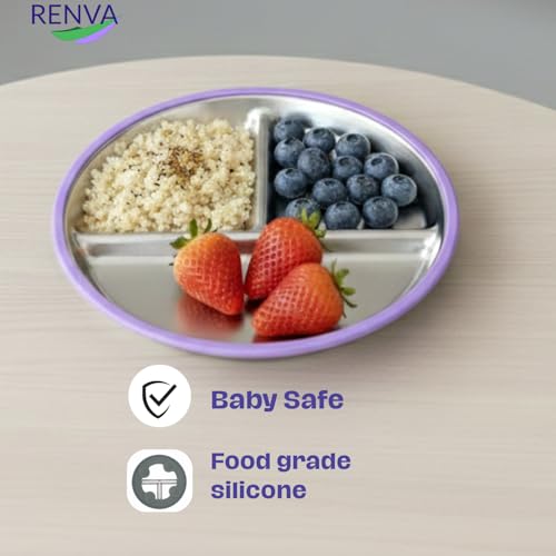 Image of RENVA Stainless Steel Kids Plates Suction Plate for Baby,Divided Toddler Plates with Removable Silicone Sleeves for Mess-Free Feeding, Non-Toxic, Non-Slip (Purple, 1 Plate)