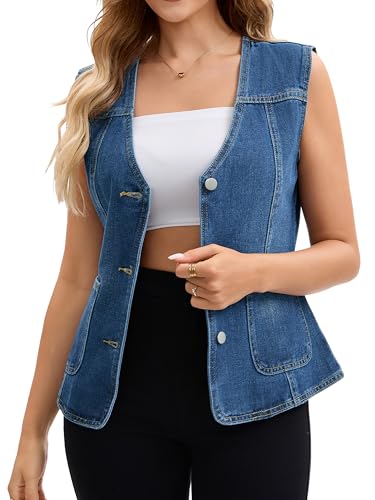Women's Casual Denim Vest V Neck Patch Pockets Button Down Sleeveless Jean Jacket