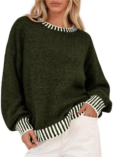 KIRUNDO Oversized Sweaters for Women 2025 Long Sleeve Crewneck Fall Tops Contrast Chunky Knit Pullover Winter Clothes
