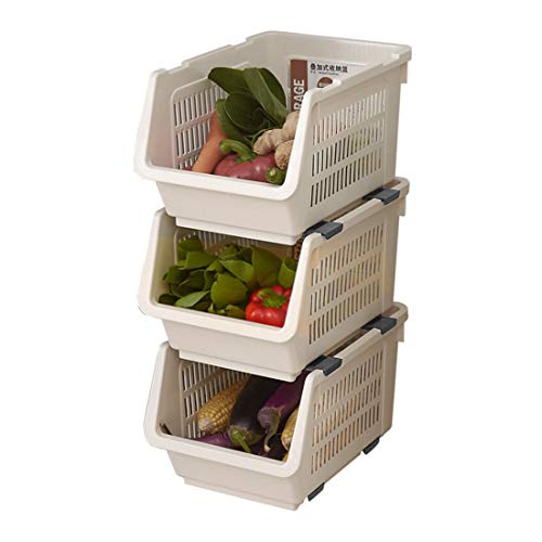 Cesta de apilamiento de almacenamiento Juego de 3 estantes de plástico apilable Rack de almacenamiento Apilamiento de la cesta apilable Grandes cestas de almacenamiento de apilamiento, Color Beige