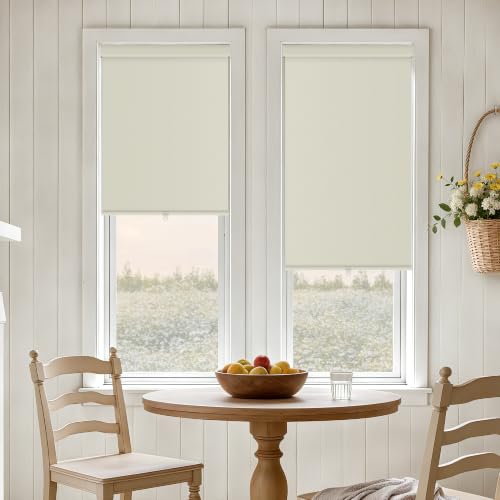 Natural Cordless Roller Shades Blackout Blinds for French Door Room Darkening Rolled Up Shades with Linen Valance, UV Protection Narrow Window Shades Blinds for Bedroom Home and Office 21" W x 72" H