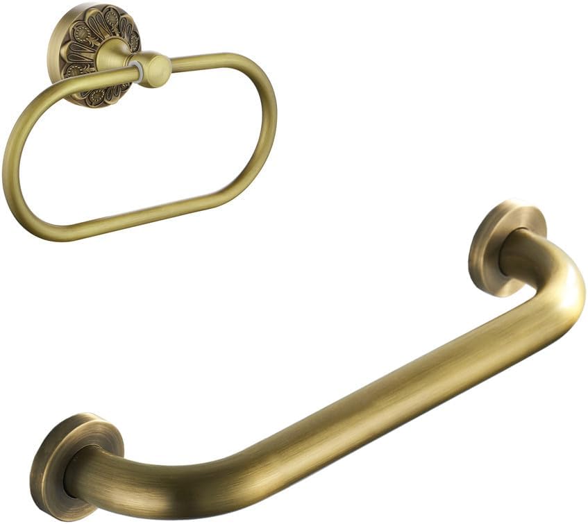12" Bathroom Grab Bar + Towel Ring, Brass Bathroom Accessories Set