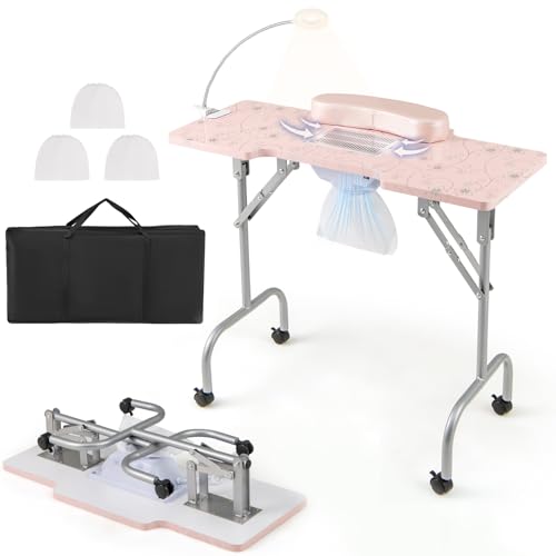 RELAX4LIFE Table Manucure Pliante avec Aspirateur | Table Manucure Pliable sur roulettes | Portable avec Sac | Lampe LED USB | Coussin de Poignet Amovible |...