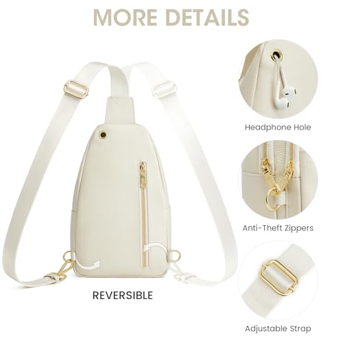Image of Kattee Sling Bag for Women, Leather Crossbody Bag for Travel, Beige | Top Grain Pebbled Leather. RFID back pocket, small chest bag fit 6.9-inch phone, fanny pack with adjustable strap.
