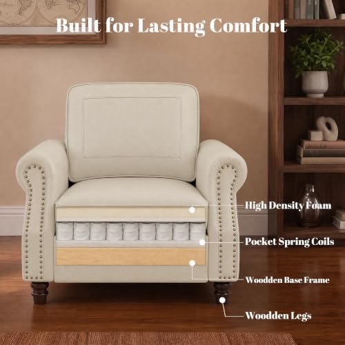 Image of Kingfun Faux Leather Accent Chair with Rolled Arms,Cream