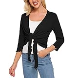 SATINIOR Womens Sheer Shrug Bolero Tie Knot Cardigan Lightweight with 3/4 Lace Sleeves, Black, X-Large