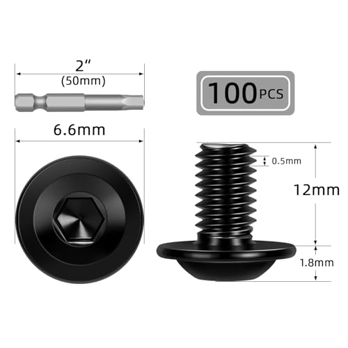 Image of M3-0.5 x 12mm 100 PCS Flanged Button Head Socket Cap Bolts Screws, Stainless Steel 304, Allen Socket Drive, Screwdriver Bit Included, Black Finish, Fully Machine Thread