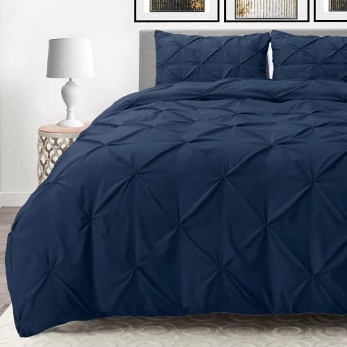 Image of Nestl Queen Comforter Set Pinch Pleat Comforter, Bedding Comforter Sets, Comforter Set for Queen Bed, Pintuck Comforter Set Full Size, Down Comforter with 2 Pillow Shams, 3-Piece - Navy Blue
