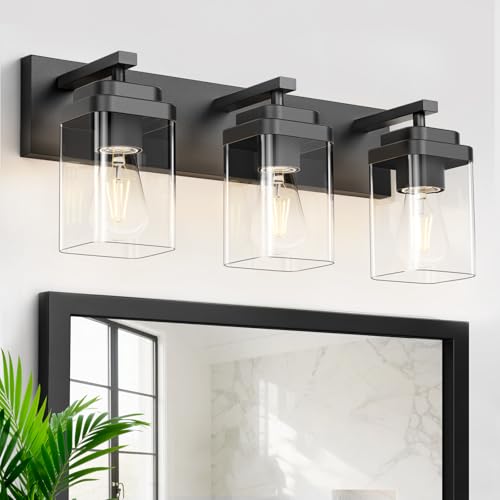 Image of Black Bathroom Light Fixtures, 3 Lights Bathroom Lighting Fixtures Over Mirror, Square Design & Rectangle Large Backplate, Modern Vanity Lighting Fixtures, for Bathroom /Living Room /Bedroom
