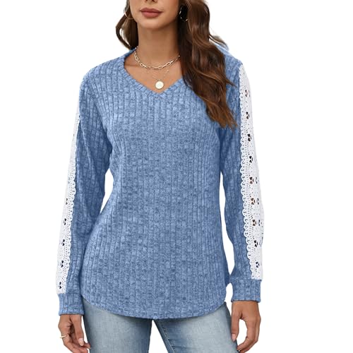 drakloak Women Casual Long Sleeve Shirt Knit Crochet Floral Fall Tops V Neck Blouse Dressy Lightweight Sweater (US, Alpha, Medium, Regular, Regular, Blue)