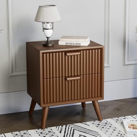 HOMPUS Modern End Table, Nightstand w 2 Storage Drawers, Night Stand w Walnut Wood Grain Finish, Small Chest of Drawer, Cabinet w 2 Drawers for Bedroom, Living Room Cover