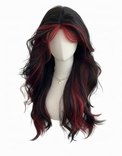 Feyxthyn Natural Black Red Highlight Long Wavy Wig with Bangs & Middle Part Heat Resistant Synthetic Gothic Wig for Women Perfect for Daily Use festival Cosplay Party