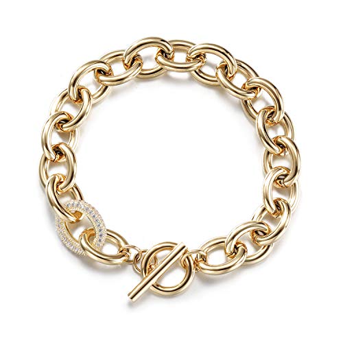 JINBAOYING Gold Bracelets for Women Fashion Unique Wide Cuban Curb Link Bracelet Gold Link Bracelets with CZ Adjustable Stainless Steel Women Link Charm Bracelets (Gold Bracelet with CZ)