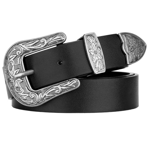 SANSTHS Western Belt For Women, Womens Cowboy Belt For Pants Jeans With Vintage Floral Carved Design