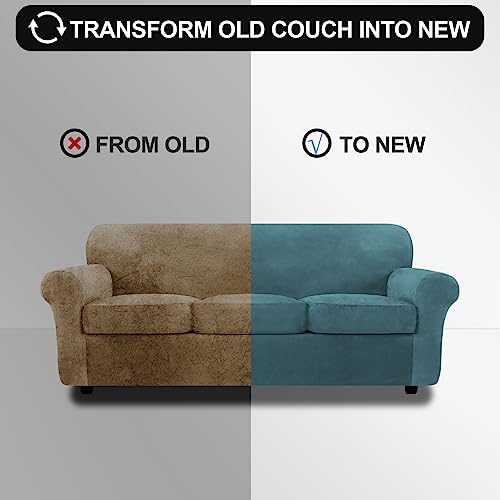 Festicorp Velvet Sofa Cover, Sofa Slipcovers For Sofas With 3 Cushions, Stretch 4 Piece Couch Cover, Thick Furniture Covers For Dogs Pets, Sofa, Peacock Blue #TOP4