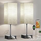 Table Lamp for Bedroom Set of 2, Bedside Lamps with 3 Color Temperatures Night Light, Lamp for Night Stands with AC Outlet and Square Shade, Pull Chain Small Desk Lamp for Living Room Home Decor