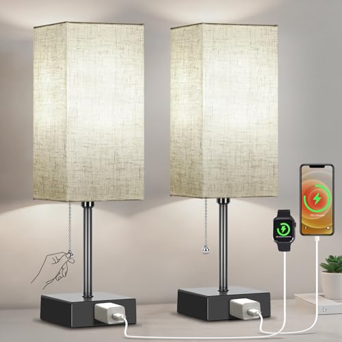 Image of Table Lamp for Bedroom Set of 2, Bedside Lamps with 3 Color Temperatures Night Light, Lamp for Night Stands with AC Outlet and Square Shade, Pull Chain Small Desk Lamp for Living Room Home Decor