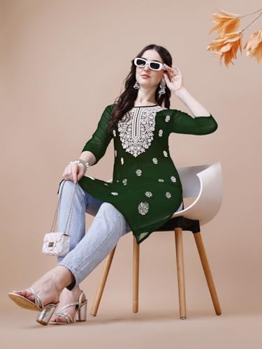 Image of EthnicJunction Women's Georgette Embroidered Straight Kurta | Summer Kurti | Short Kurti for Women | Top for Office |Women's Tunics Tops | Kurta Shirt Top | Regular Fit Top | Tops for Jeans for Women