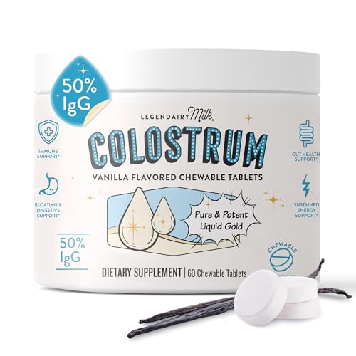 Image of Legendairy Milk Colostrum Supplement - Premium Bovine Colostrum for Humans - 50% IgG Immunoglobulin for Immune Support & Gut Health - Energy & Muscle Recovery - Vanilla Chewable Tablets, 30 Servings