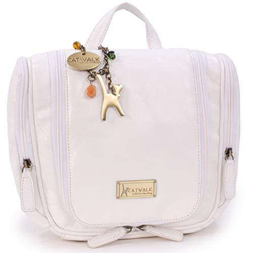 Preisvergleich Produktbild CATWALK COLLECTION HANDBAGS - Damen / Frauen - Echtleder - Kulturbeutel Kulturtasche zum Aufhängen / Kosmetiktasche groß für Koffer & Handgepäck / Wäschetasche Reise-Tasche - Maisie - Weiß