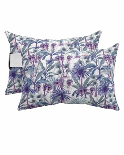 Anzona Pack of 2 Teal Purple Palm Trees Lumbar Pillow Covers, Outdoor Waterproof Throw Pillow Covers Set, Summer Botanical Tropical Leaves Decorative Cushion Case for Patio Beach, 12x20 Inch
