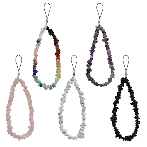 TUCAI 5pcs Natural Stone Phone Chain Beaded Phone Charms Handmade Rainbow Stone Phone Charm Anti-Lost Keychain for woman Girl (5pcs natural stone beaded)