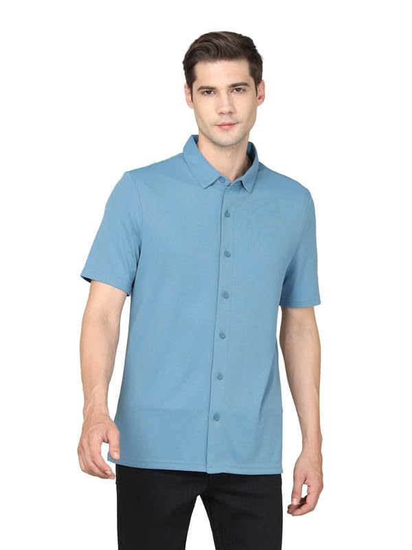 Image of TECHNOSPORT Men's Black Solid Regular Fit Spread Collar Casual Shirt with TECHNOCOOL+