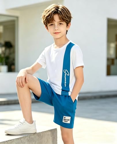 Image of Ayzozuy Boy Clothes Colorblock Top + Drawstring Waist Shorts 2 Pieces Kid Summer Outfits Set