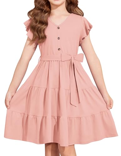 Arshiner Girls Dress Short Sleeve Summer V Neck Button Removable Belt Dresses with Pockets 9-10 Years Light Pink