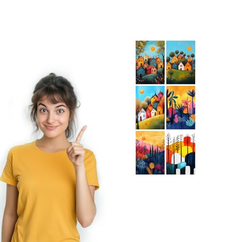 Image of SiddArtify Colorful Village Wall Art Prints Set - Whimsical Landscape Poster Decor for Living Room Bedroom Office - Set of 2-4x6 Inch - Board (Pack of 6) - Sticker (Pack of 6)