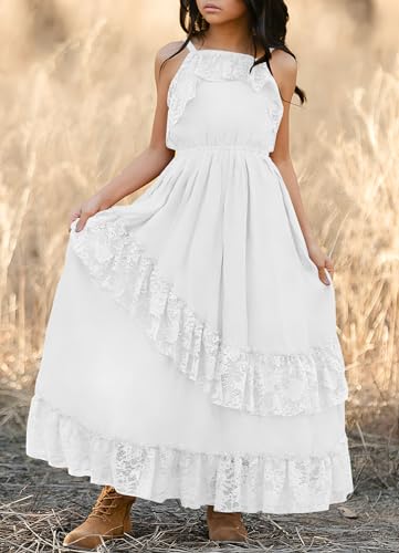 Mitilly Girls Boho Lace Flower Dresses Square Neck Sleeveless Ruffle Tiered Flowy Party Maxi Dress With Pockets 12 Years White thumb #2