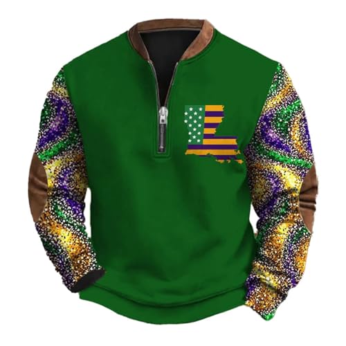 Sudadera de carnaval para hombre con cremallera 1/4, impresión de colonia, manga larga, moderna, informal, divertida, festival, camiseta de manga larga para carnaval y carnaval en la calle, verde, XXL