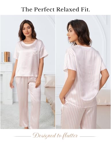 Image of THXSILK Mulberry Silk Womens Pajama Set with Pocket, 2 Piece Lounge Sets for Women, Short Sleeve Sleepwear