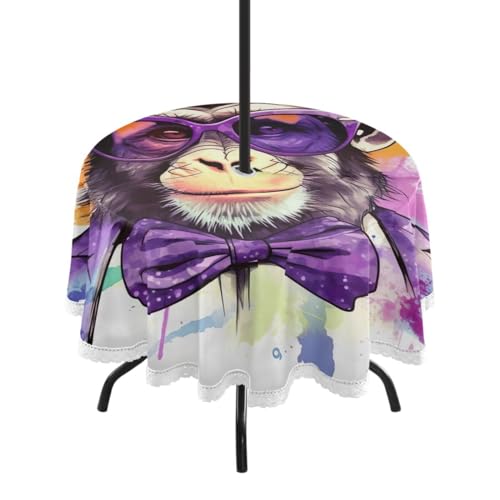 Wajiw 60 Inch Indoor Outdoor Round Tablecloth with Umbrella Hole and Zipper Waterproof Patio Table Cover for Camping Dining Room Party Outdoor Picnic,Monkey