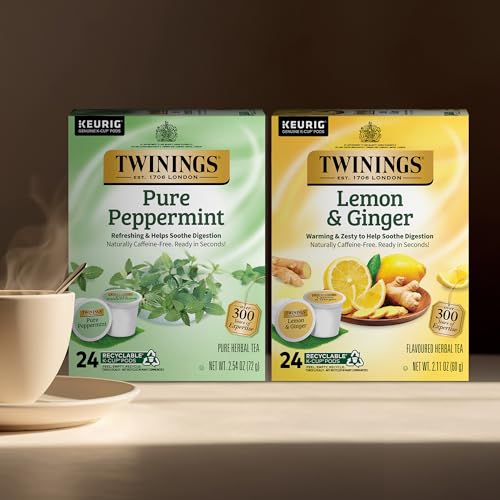 Image of Twinings Pure Peppermint Herbal Tea K-Cups for Keurig, 24 Count (Pack of 1) + Lemon & Ginger Herbal Tea K-Cups for Keurig, 24 Count (Pack of 1)