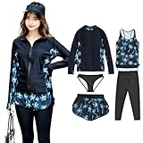 [Teddy] フィットネス 水着 レディース 体型カバー ラッシュガード 5点セット タンクトップ レギンス 長袖ラッシュパーカー UPF50+ UVカット率 98.7% 大きいサイズ hys2128 M(9号) J:ブラック×パーム