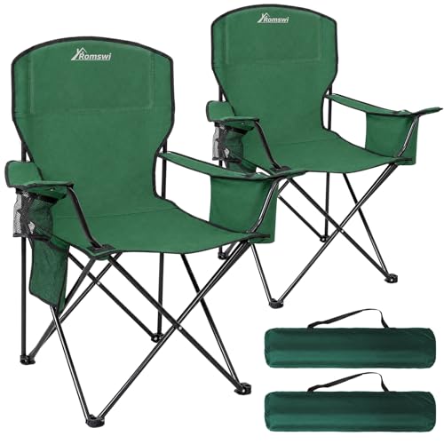 Image of Camping Chairs for Adults, 2 Pack Heavy Duty Folding Chair with 4-Can Cooler Bag, Portable Outdoor Chair with Cup Holder, Collapsible for Tailgating, Beach, Fishing, Green