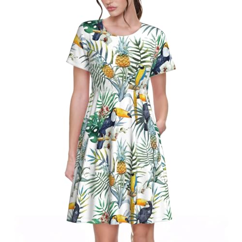 Robe d'été pour femme à motif feuilles tropicales et manches courtes