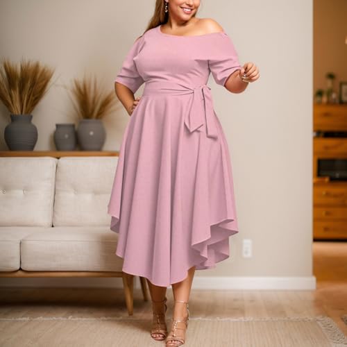 Image of Plus Size Women Wedding Guest Dress Off Shoulder Boat Neck Irregularly Flowy Midi Church Dress