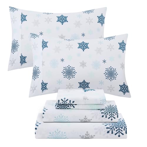 Viviland Christmas Holiday 100% Cotton Sheets Queen, Crisp Cooling Percale Snowflake Sheets, Soft Cozy Winter Bedding