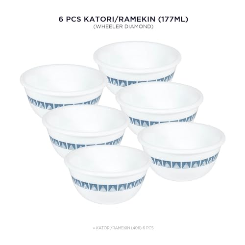 Image of CORELLE Glass Vegetable Bowl Livingware Wheeler Diamond 177 ml Katori Pack of 6 (Pack of 6, White)