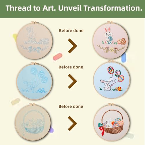 Image of olhuvs 3 Pack Beginner Embroidery, DIY Starter Set with Stamped Flower Designs, Embroidery Hoop, Colorful Threads, Tools, Step by Step Instructions(D)