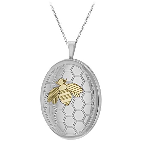 Tuscany Silver Women's Sterling Silver Rhodium Plated 2 Tone Honeycomb and Bee Oval Locket Pendant on Rhodium Curb Chain of 18" Cover