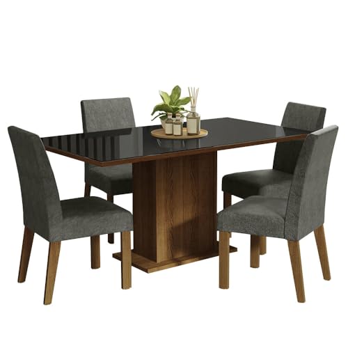 Image of Madesa Avril 4 Seater Dining Set, Rectangular Glass Overlay Table, 4 Cushioned Chairs, Engineered Wood, Black Gray, 160 cm