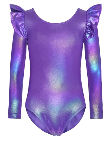 Nymphperi Leotards for Girls Gymnastics Size 5-6 Years Old Rainbow Purple Long Sleeve Children